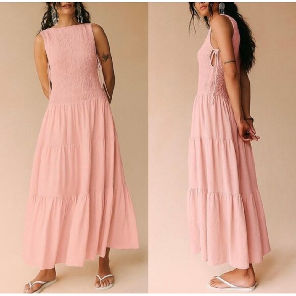 Free People Free-est Sterling Smocked Tiered Maxi Dress Chalk Pink Large